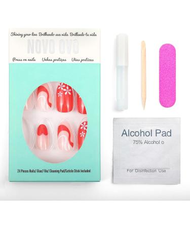 Valentine's Day Fake Press on Nails - NOVO OVO Short Almond Oval Red Heart Pink Swirl White Flower Thick False Nail Kit with Glue - Sweetie French Tip Acrylic Stick on Nails - Buy Online on GoSupps.com