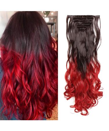 Clip in Hair Extension 8 Pcs full Head 24inch Long Curly Hairpiece Heat-Resisting (Dark Brown to Dark Red) 24 Inch Curly #Dark Brown to Dark Red