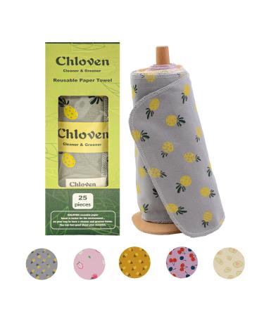 Chloven Paperless Towels Roll Washable Cotton Cloth Reusable Paper Towels - 25 Pack with Durable Cardboard Roll - 10" X 10" Zero Waste Reusable Napkins Eco Friendly Large