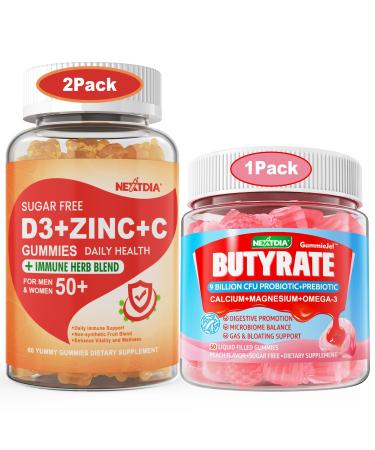 Nextdia 2 Pack Sugar Free Vitamin C + D3 + Zinc Gummies for Adults 50+ + 1 Pack Butyrate Gummies