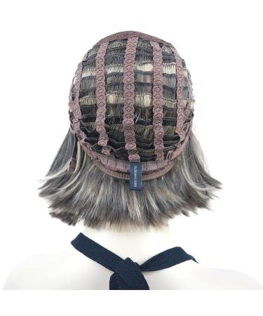 Lydell Short Bob Wig L8-124 Brown with Highlights | Heat Resistant Synthetic Hair | Cute Central Dot Skin | Flat Bangs - Buy Online on GoSupps.com