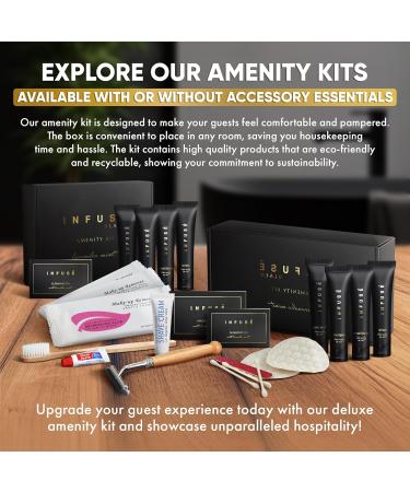 Infuse Black Amenity & Accessory Kit | 1 oz Travel Size Shampoo Conditioner Lotion Body Wash Body Bar 2 Cleansing Bar Shave & Dental Sets Make-Up Remover Wipes & Vanity Kit | 1 set per case 5 PIECES (BOXED WITH ACCE  - Buy Online on GoSupps.com