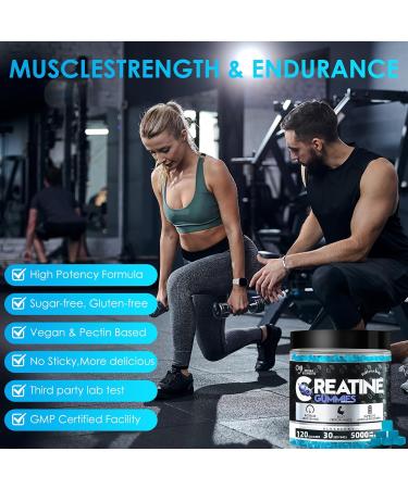 Creatine Monohydrate Gummies 5g for Men & Women 120 Count Blueberry Chewables Creatine Monohydrate for Muscle Strength Muscle Builder Energy Boost Pre-Workout Supplement Blueberry 120 Count - Buy Online on GoSupps.com