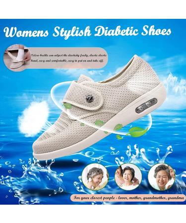 Stylish Wide Diabetic Shoes for Elderly Womens | Non Slip Air Cushion Sneakers | Lightweight & Breathable Walking Shoes for Swollen Feet | Beige (Size 41) - Buy Online on GoSupps.com