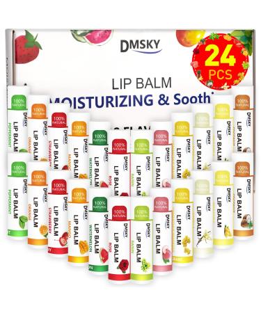 DMSKY 24-Pack Vitamin E Lip Balm in Bulk with Coconut Oil -100% Natural Ingredients- Lip Moisturizer Treatment - Moisturizing, Soothing, Chapped Lips. Assortment of 12 Flavors pack of 24
