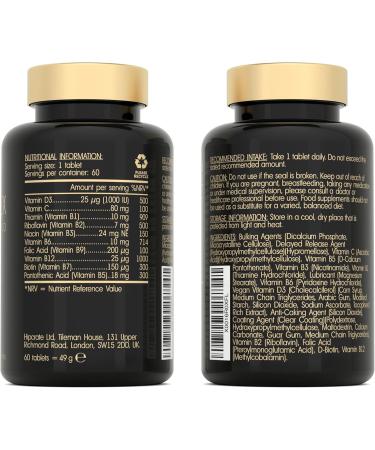 Vitamin B Complex High Strength - Slow Release Super B Complex 60 Tablets - Enriched with Vitamins D & C - Complete Vit B Supplement All 8 Vitamin B12 B6 Folic Acid Biotin B1 B2 B3 B5 - UK Made - Buy Online on GoSupps.com