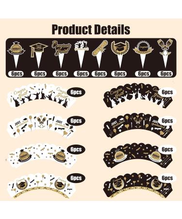 AIERSA 96Pcs Graduation Cupcake Toppers Wrappers 2024 Congrats Grad Cupcake Decorations Set Graduation Cupcake Wrappers for Cupcake Food Decorations Black Gold - Buy Online on GoSupps.com