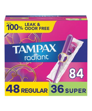 Tampax Radiant Tampons Duo Pack with LeakGuard Braid, Regular/Super Absorbency, Unscented, 84 Count NEW