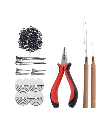 200pcs Silicone Micro Rings Hair Extensions Tools Kit: Three-hole Hair Pliers, Micro Pulling Hook Needle, Loop Threader and Silicone Micro Links (Black) 200pcs Silicone Rings Black