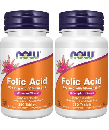NOW Supplements Folic Acid 800 mcg + B-12 (Cyanocobalamin) 25 mcg B Complex Vitamin 250 Tablets (Pack of 2) 250 Count (Pack of 2)