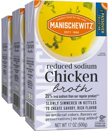 Manischewitz Reduced Sodium Chicken Broth 17oz (3 Pack), Flavorful, Kettle Cooked, Slowly Simmered, Kosher for Passover