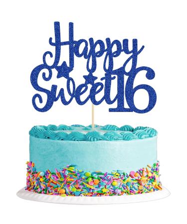 Gyufise 1Pc Happy Sweet 16 Cake Topper Blue Glitter Sweet 16 Birthday Cake Decoration Happy 16th Birthday Decorations for Girls Boys Party Supplies Blue 1pc