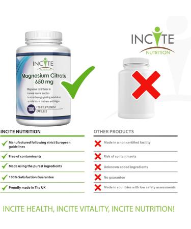 High Strength Magnesium Citrate 650mg | 180 Vegan Capsules | 6 Month Supply | Made in UK by Incite Nutrition - Buy Online on GoSupps.com
