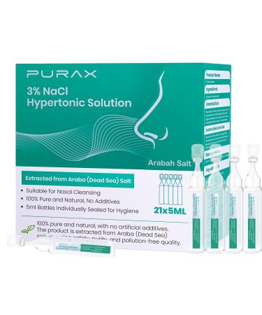 PURAX Saline Solution 3% Hypertonic Saline Solution for Nose Nasal Cleanse for Adults and Kids- 21 Count (5ml Each)