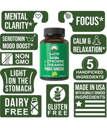 Peak Performance Mood Support Supplement with 5 Top Ingredients: 5HTP SAM e L Tyrosine L Theanine and Panax Ginseng. Calm Focus Relaxation Supplements. Vegan - Buy Online on GoSupps.com