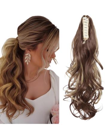 TESS Claw Clip in Ponytail Hair Extensions 18 Inches Curly Wavy Ponytail Extension Medium Brown mix Dark Blonde Hair Extensions Clip in Ponytail Balayage for Women 140g 18 Inch Medium Brown mix Dark Blonde
