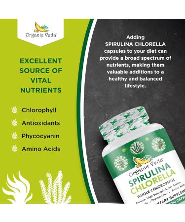 Organic Veda Spirulina & Chlorella Capsules 1500mg 300 Count - Spirulina Chlorella Capsules with Super Green Antioxidants Phycocyanin Amino Acid - Boost Immunity Energy Support Digestion - Buy Online on GoSupps.com