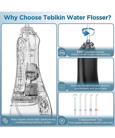 TEBIKIN Cordless Water Flosser Portable Dental Professional Oral Irrigator - 5 Levels, 5 Tips, IPX7 Waterproof - Travel Water Teeth Cleaner - 300ML - Black - Buy Online on GoSupps.com