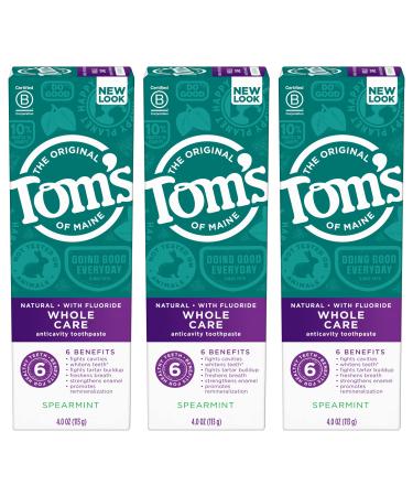 Tom's of Maine Whole Care Natural Toothpaste With Fluoride, Spearmint, 4 oz. 3-Pack (Packaging May Vary) Spearmint 3 Count (Pack of 1)
