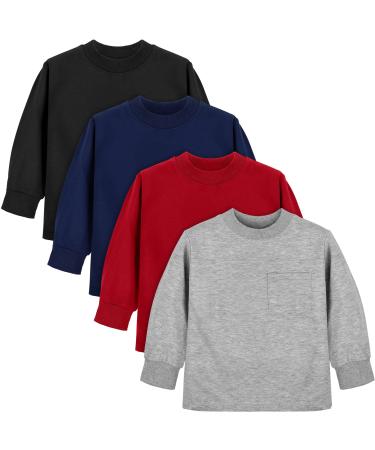 Cooraby 4 Pack Toddler Boys' Long-Sleeve Shirts Cotton with Pocket Crew Neck Thermal Long Sleeve Top 3T Black Gray Burgundy Navy Blue