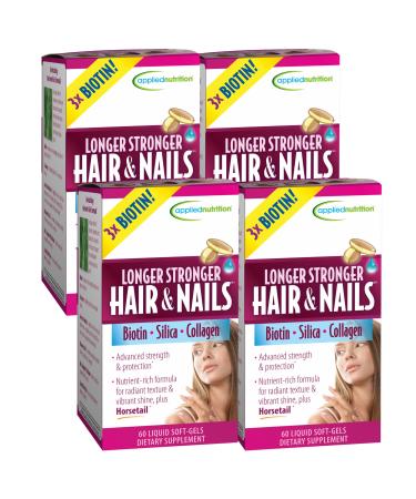 Applied Nutrition Longer Stronger Hair & Nails - 60 Liquid Soft-Gels, Pack of 4 - Biotin, Silica & Collagen - 120 Servings