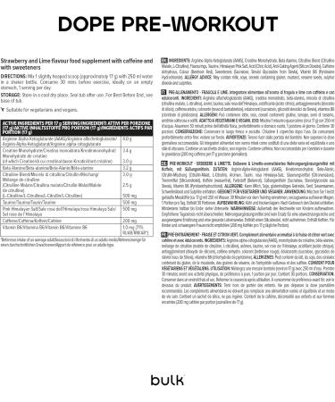 Bulk Dope Pre-Workout Powder Strawberry and Lime Energy Drink With Beta Alanine Creatine Monohydrate Caffeine Arginine (AAKG) Citrulline Taurine Vitamin B6 510g 30 Servings - Buy Online on GoSupps.com