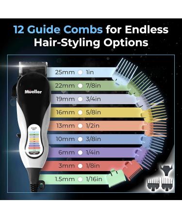 Mueller Ultragroom Professional Hair Clippers for Men - 12 Guide Combs Versatile Hair Trimmer for Beards Body and Face - Colorful Design for Precision Grooming - Buy Online on GoSupps.com