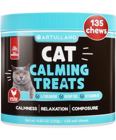 Hemp Cat Calming Treats - Cat Anxiety Relief - Storm Anxiety, omposure, Grooming, Separation, Travel - Calming Aid for Cats with Hemp Oil, L-Theanine - Cat Melatonin - Made in USA - 135 Soft Chews Calming Chews for Cats