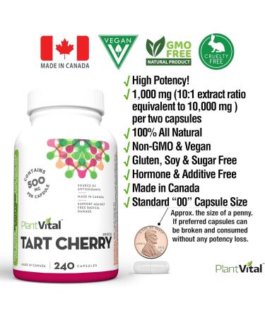 PlantVital Tart Cherry Capsules -10 000mg Per Day -10:1 Cherry Extract - Montmorency Tart Cherry Supplement for Antioxidants - Made in Canada - 2 Months Supply -120 Capsules (240 Count (Pack of 1))  - Buy Online on GoSupps.com