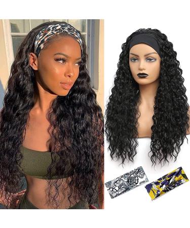 Headband Wig Water Wave Headband Wigs for Women Black Synthetic Curly Headband Wig 26 Inch Glueless Half Wig 180% Density Wigs with Headbands Attached Natural for Daily Use (26 Inch (Pack of 1)  1B) 26 Inch (Pack of 1) 1...