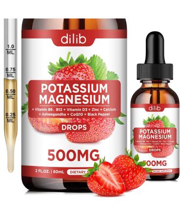 Potassium Magnesium Citrate Supplement Liquid Magnesium Citrate Drops 500mg with Ashwagandha Calcium Zinc Vitamin D3 B6 B12 CoQ10 - Support Calm & Bone & Muscle & Immune Health Vegan 2 fl oz Strawberry 2 Fl Oz (Pack