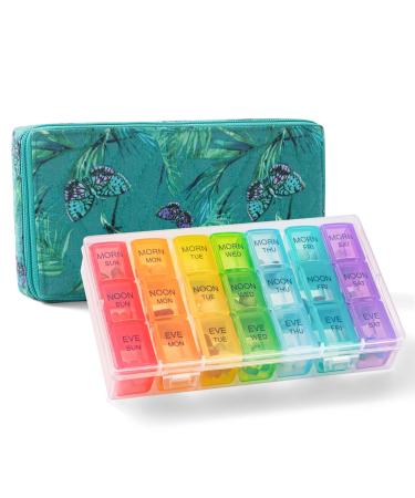 Weekly Pill Organizer 3 Times a Day - Pill Box 7 Day 3 Times a Day with Cute Quilted Fabric Zipper Bag- Travel Pill Case 7 Day 3 Times a Day for Vitamin Medicine Organizer Green Butterfly