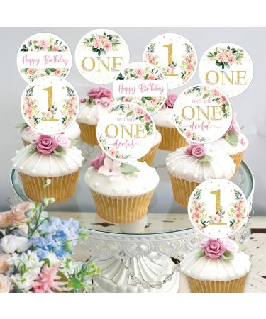 Funmemoir Flower First Birthday Decorations for Girl - 24PCS Pink Floral Cupcake Toppers for Isn't She Lovely Isn't She Onederful Little Miss Onederful Baby Girl 1st Birthday Party Decorations - Buy Online on GoSupps.com