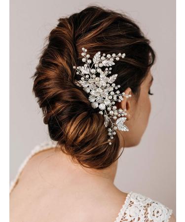 AW BRIDAL Wedding Hair Clip Rhinestones Hair Comb for Women Bridal Flower Hair Piece Crystal Wedding Hair Accessories for Brides (Silver)