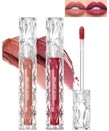 Glitter Lip Gloss Liquid Lipstick-2Pcs Diamond Shimmer Matte Lipstick, Sparkling High Pigment Longlasting Waterproof Smudgeproof Non-Stick Cup Lipstick, Bold Shiny Lipgloss for Women Girl Makeup-03+04