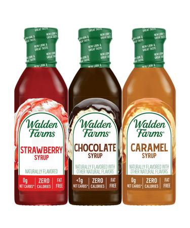 Walden Farms Variety Pack Syrups 12 oz 0g Net Carbs Keto Friendly Non-Dairy No Gluten Sugar Free Sweet and Delicious Flavor for Pancakes Waffles French Toast Strawberry Chocolate Caramel