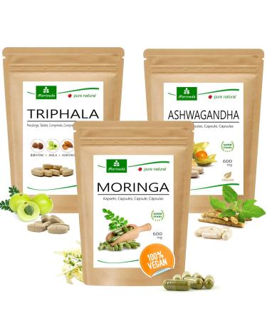MORIVEDA well -being product package |Triphala tablets Moringa capsules Ashwagandha capsules |Vitamins minerals antioxidants Withhanolide secondary plant substances |Vegan