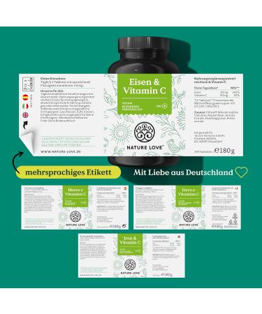 Nature Love Iron Tablets with Vitamin C - 240 Vegan Tablets - 20mg Iron & 40mg Vitamin C - High Bioavailability Iron Bisglycinate in Germany - Buy Online on GoSupps.com