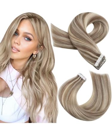 Moresoo Tape in Hair Extensions Human Hair Real Hair Extensions 18 Inch Invisible PU Tape in Hair Light Brown Highlighted with Blonde Hair Extensions Real Human Hair Tape in P9A/60 20pcs 50g 18 Inch (Pack of 1)  9AP60