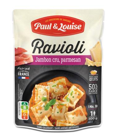 Paul & Louise Ravioli Raw Ham, Parmesan 300 g - Microwavable Bag - Ready in 1 minute 30 - Egg dough - 100% meat from France -