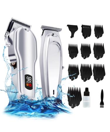 Professional Hair Clippers for Men- Hair Cutting Kit T-Blade Trimmer Combo- Cordless Barber Clipper Set with LED Display Birthday Gifts for Men Women Silver