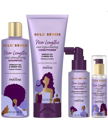 Pantene New Lengths Bundle with Root Stimulating Shampoo, Rejuvenating Conditioner, Scalp Revitalizing Treatment and Anti-Breakage Serum, made with Apricot Oil and Green Tea, for Natural and CurlyHair