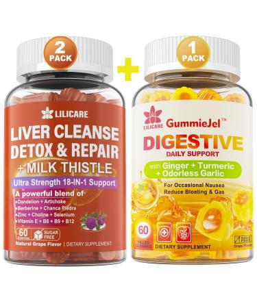 LILICARE Bundle Ginger Chews Supplement Gummies for Nausea Stomach Relief & Liver Cleanse Detox & Repair Gummies with Milk Thistle