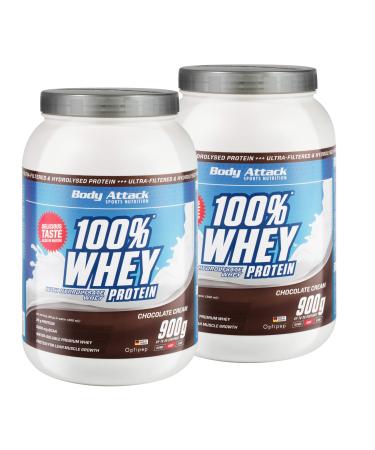 Body Attack - 100% Whey Protein Chocolate 2x900g - product of the Cologne list - Extra creamy protein powder with hydrolysate and BCAA supports muscle building and diets for all athletes & athletes