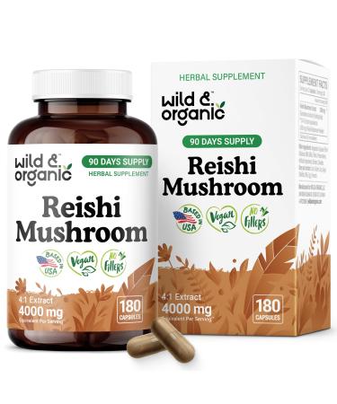 Wild & Organic Reishi Mushroom Capsules 1000 mg - Immune & Energy Support - Red Reishi Mushroom Extract - Ganoderma Lucidum Supplement - 180 Vegan Capsules - 90 Days of Supply Non-GMO Gluten-Free 180 Count (Pack of 1)