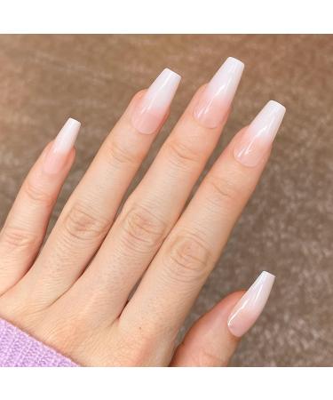 NOVO OVO Long Coffin Ombre Nude Gradient White Pink French Tip Press On Nails Set - Mother's Day, Valentine's, Spring - with Glue - MILK CAP COFFIN - Buy Online on GoSupps.com