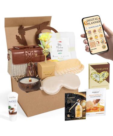 ALLTHELOVE New Mom Care Package - Postpartum Gift Basket with Gold & Honey Masks Affirmation Cards Coco Butter Hand Cream & Digital Planner - Gifts for Pregnant Women Baby Postpartum Kit