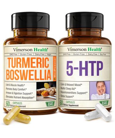 Boswellia Turmeric Curcumin Supplement + 5HTP Sleep Supplement Bundle Joint Health Support Sleep Aid & Occasional Stress Support with Ginger Root Organic Turmeric Powder 5 HTP & Calcium