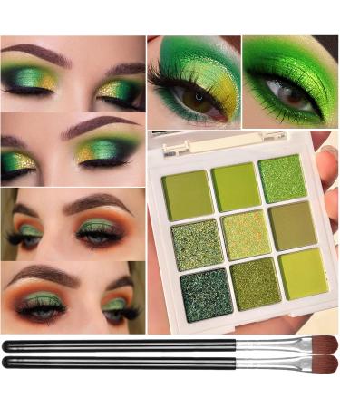 Green Eyeshadow Palette 9 Colors Matte Shimmer Eye Shadow High Pigmented Professional Glitter Eye Makeup Palette Waterproof Long Lasting Powder Colorful Profusion Makeup Palette With 2 eyeshadow brushes( Green)