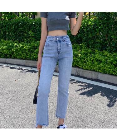 Women's Slim Fit Straight Jeans High Rise Skinny Stretch Raw Hem Jean Relaxed Distressed Boyfriend Denim Pants Light Blue X-Large - Buy Online on GoSupps.com